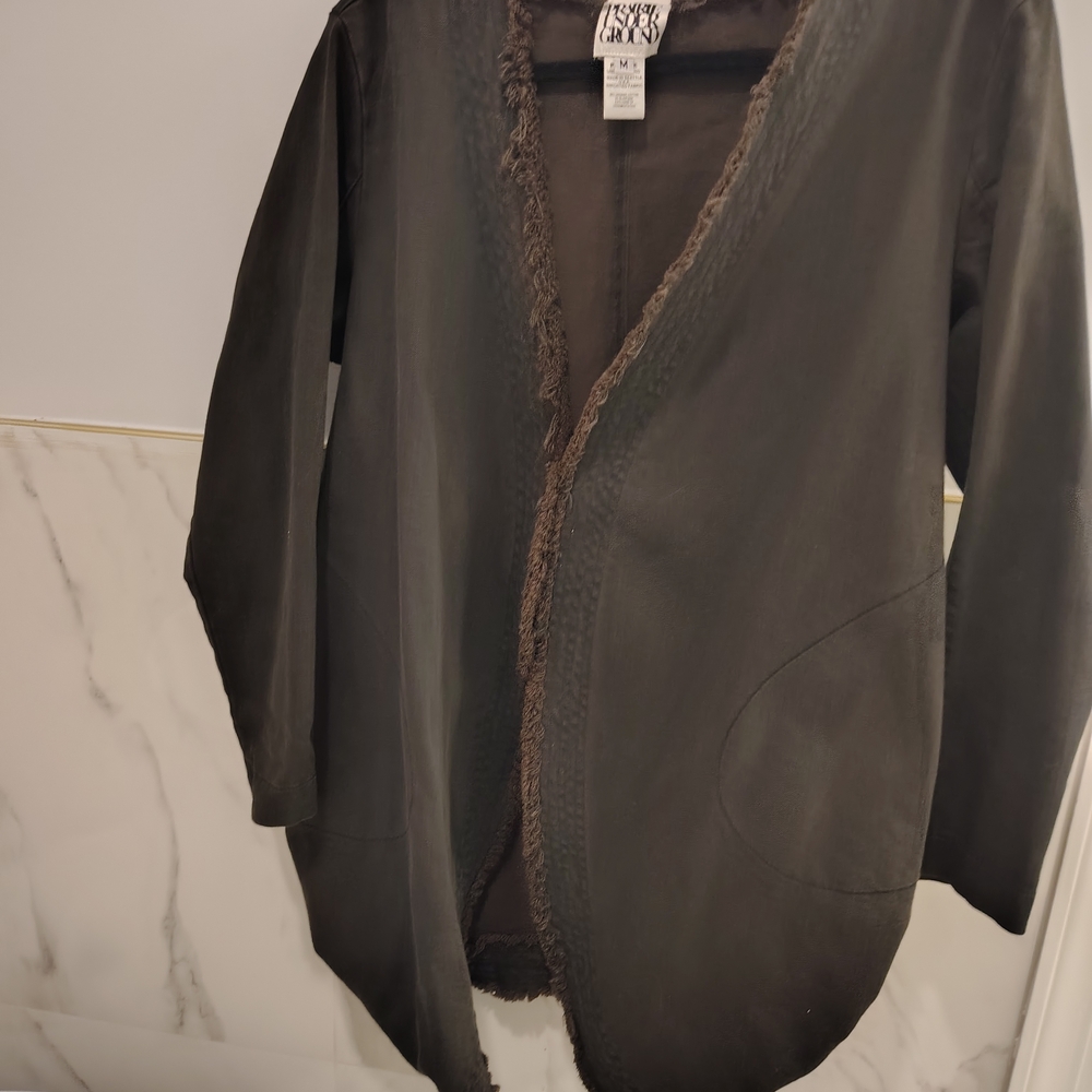 Prairie Underground dark Denim Distressed Trim Long Open Jacket - Picture 6 of 15